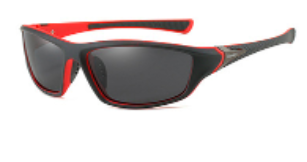 Men's sport sunglasses front view, red arms, black frame, dark lenses
