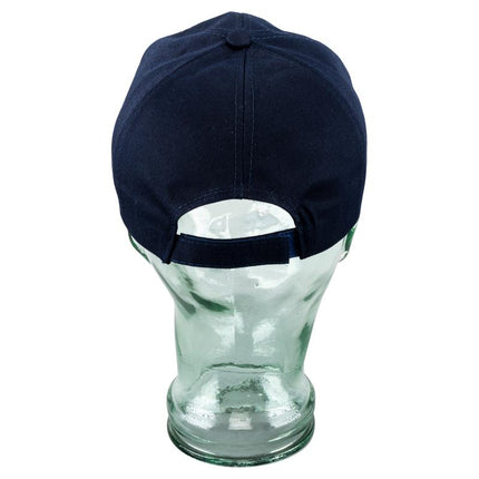 Navy baseball cap with dark strap back and adjustable fit on a clear mannequin head