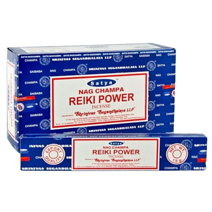 Satya Nag Champa Reiki Power incense box front view with red label