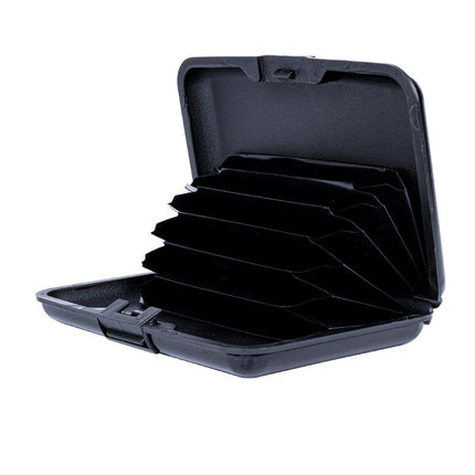 Black hard-case card holder with open top and multiple card slots
