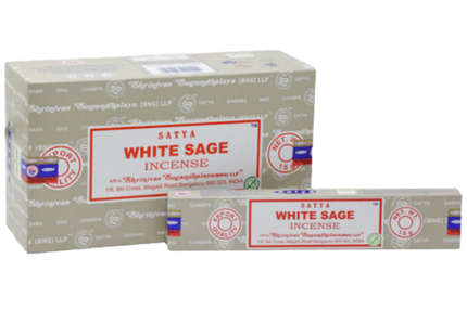 Two Satya White Sage incense cartons, one stacked on the other, red label