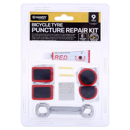 Bicycle puncture repair kit with wrench, patches, adhesive, and replacement strips, 9-piece