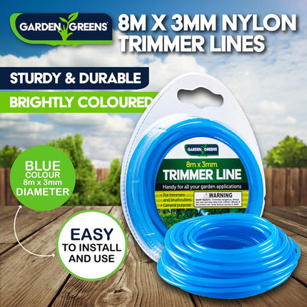 Blue nylon trimmer line, 8m x 3mm, packaged with extra coil