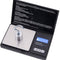 Digital pocket scale with stainless platform, blue LCD readout, and TARE/MODE buttons on black case.