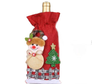 Red felt wine bottle cover with Santa, snowman, and green Christmas tree appliques