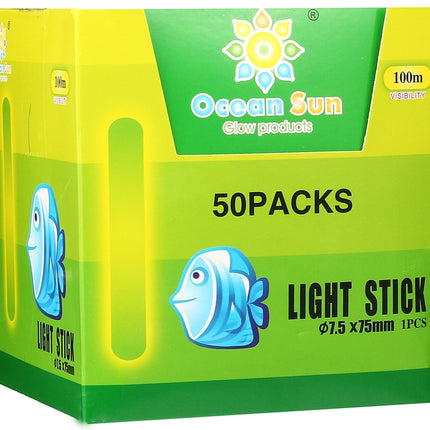 Light stick 50-pack box, green and yellow with blue fish and Ocean Sun branding