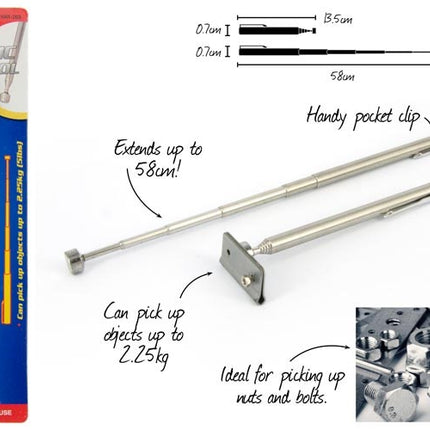 Extendable magnetic pickup tool, silver rod with pocket clip and U-shaped magnet end