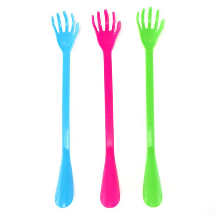 Plastic back scratcher tools set, long handles with hand-shaped prongs; blue, pink, green.