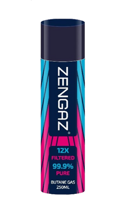 Zengaz 250ml butane gas cartridge, printed canister with 12x and 99.9% pure text