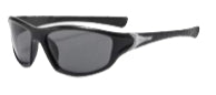 Men's sport sunglasses with black frames and dark gray lenses, side view