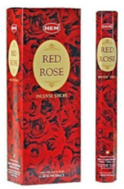 Red rose incense stick pack with red rose pattern and gold label, HEM