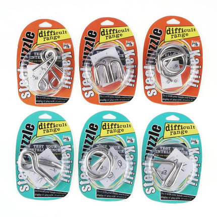 Assorted metal IQ puzzle kits with key-shaped metal parts on orange and teal cards