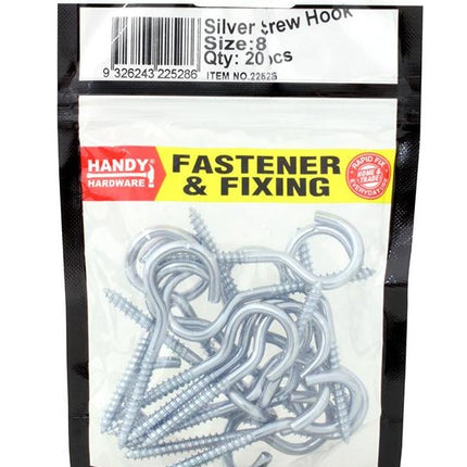 Silver cup screw hooks, size 8, 20-pack in retail bag