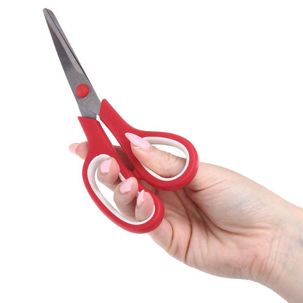 Easy Grip stainless scissors with red handles held in hand, showing pointed blades