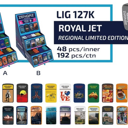 Printed jet lighter display cube with multiple Royal Jet lighters, 48-pack assortment