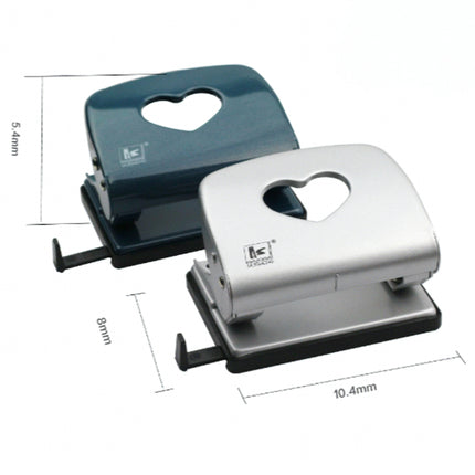 Metal two-hole punch, teal and silver, shown from side with heart-shaped opening.