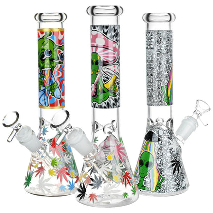 Clear glass water beaker with colorful alien and leaf graphics, assorted designs