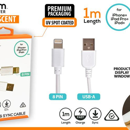 1m Lightning to USB-A charging sync cable, white connectors visible on packaging