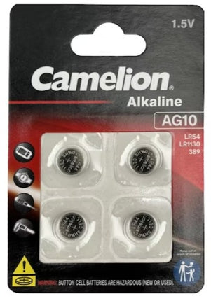 1.5V alkaline button cell battery pack with four AG10 cells, labeled LR54 LR1130 389