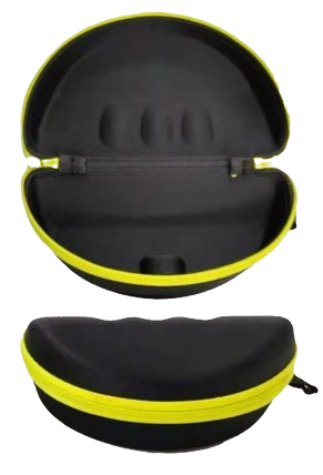 Hard sunglasses case in black with neon-yellow trim, open with foam interior