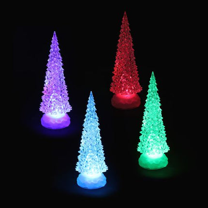 Set of light-up 3D Christmas trees in purple, blue, red, and green