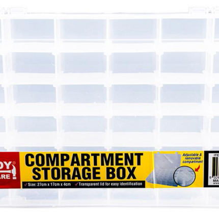 Transparent compartment storage box with labeled compartments, HANDY Hardware