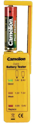Yellow digital battery tester with battery slots and labeled voltage test chart