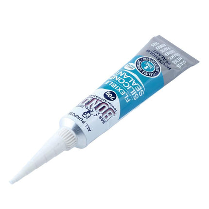 Flexible silicone sealant tube with white nozzle tip, clear household