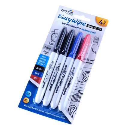 4-pack fine-tip whiteboard markers blister with black, blue, and red tips