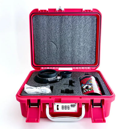 Electric LED bong in open red travel case with foam insert and colorful graphic tube
