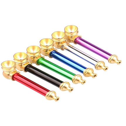 Metal tobacco pipe set (10pk) lined up with gold bowls and red, green, blue stems