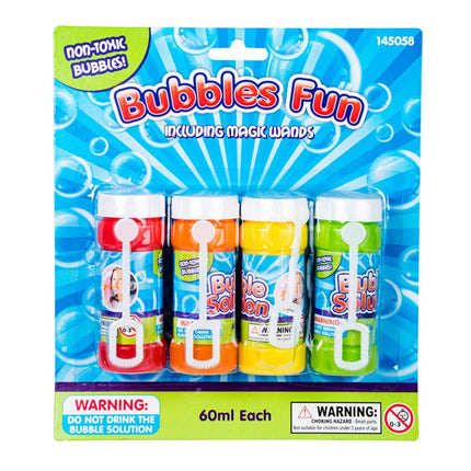 Bubble solution and magic wand set in retail box with four 60 ml bottles