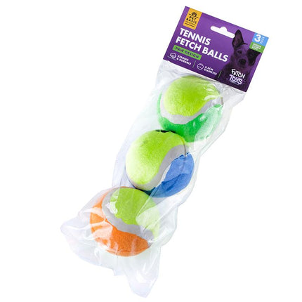 3-pack tennis ball dog toy blister with green, blue, and orange felt balls, paw-print design