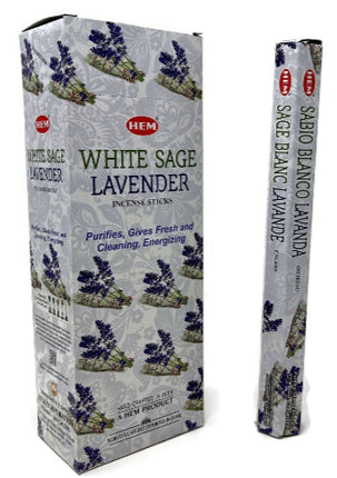HEM white sage lavender incense sticks box, purple lavender and sage illustrations
