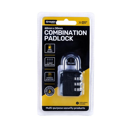 Black 3-digit combination padlock with shackle, shown in retail packaging