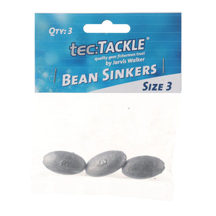 Bean sinkers pack with three dark gray oval weights for fishing