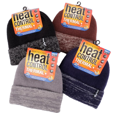 Adults heat control thermal beanies, rib knit with fleece lining (assorted colors)