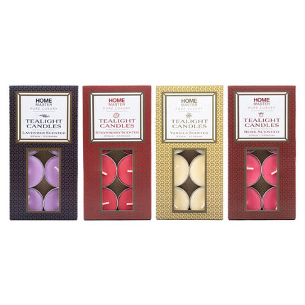 Tealight candle gift boxes set with wax colors purple, red, cream and pink