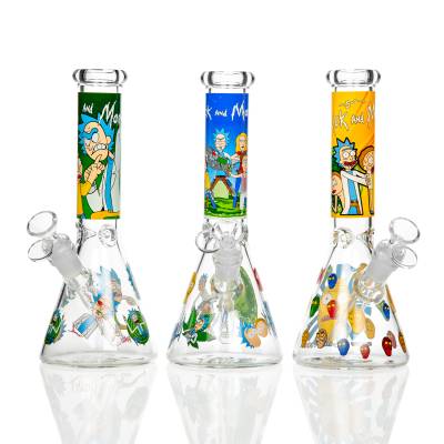 Water beaker glass pipes with character decals, wide bases, and side mouthpiece