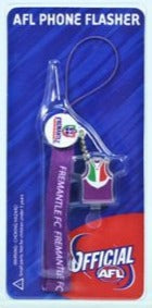 AFL phone flasher key ring with Fremantle logo, blue cord and white plastic tag