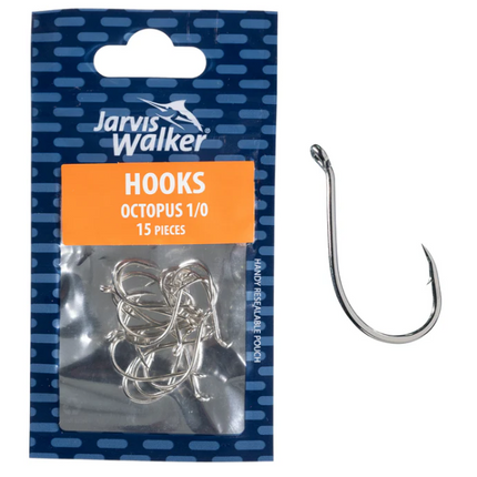 Nickel octopus fishing hooks size 1/0, 15-pack in Jarvis Walker blister pack