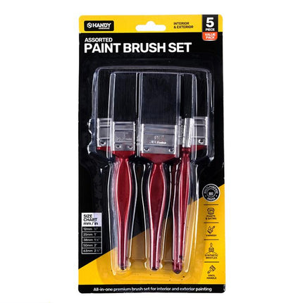 Paint brush set (5pc) with black bristles and red handles, assorted sizes in pack