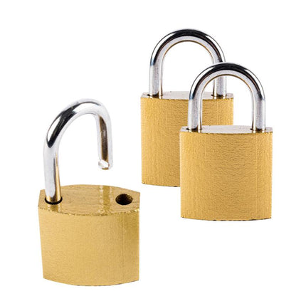 Brass-colored padlocks with chrome U-shackle, two locks shown