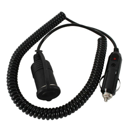 Black coiled 12V extension lead with in-car plug, socket, and 3 m cord.