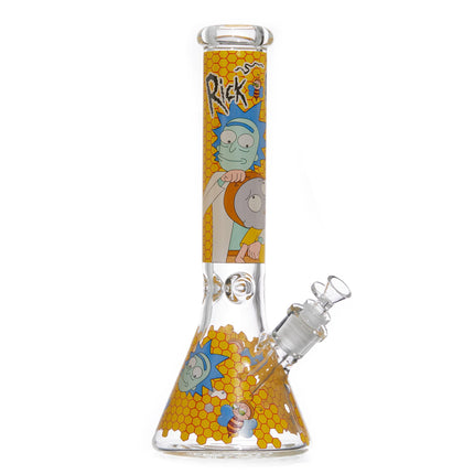 Rick and Morty water beaker bong, clear glass with yellow character hex print