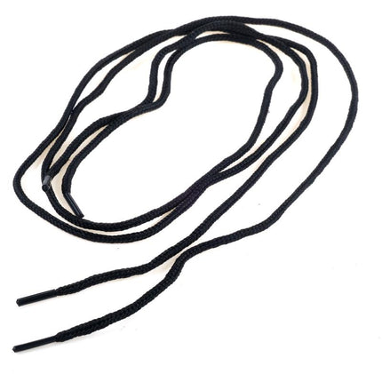 Black shoelaces laid out as a pair, with metal aglets at both ends