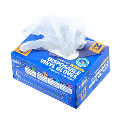 Powder-free disposable vinyl gloves box with light blue gloves inside, medium (M), 50 pack