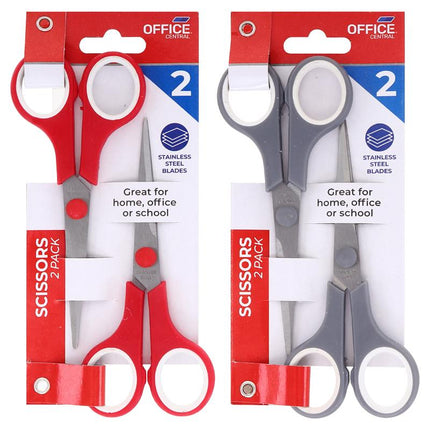 2-pack scissors with red and gray plastic handles and stainless steel blades