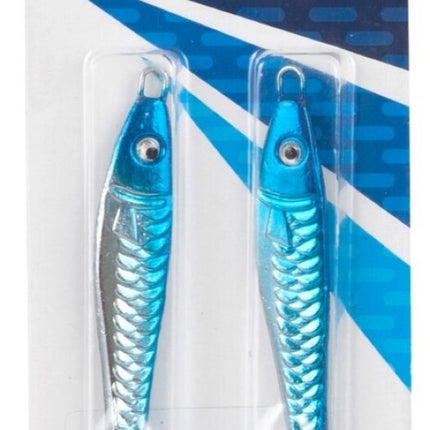 2-pack metal stinger fishing lures, blue bodies with treble hooks