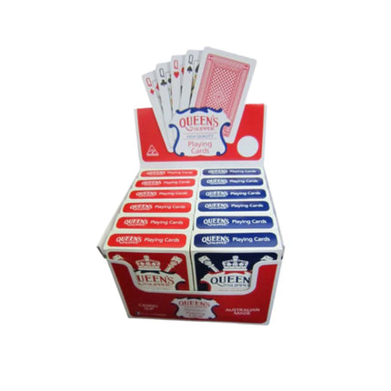 Queens Slipper playing cards deck display with multiple decks and red card backs